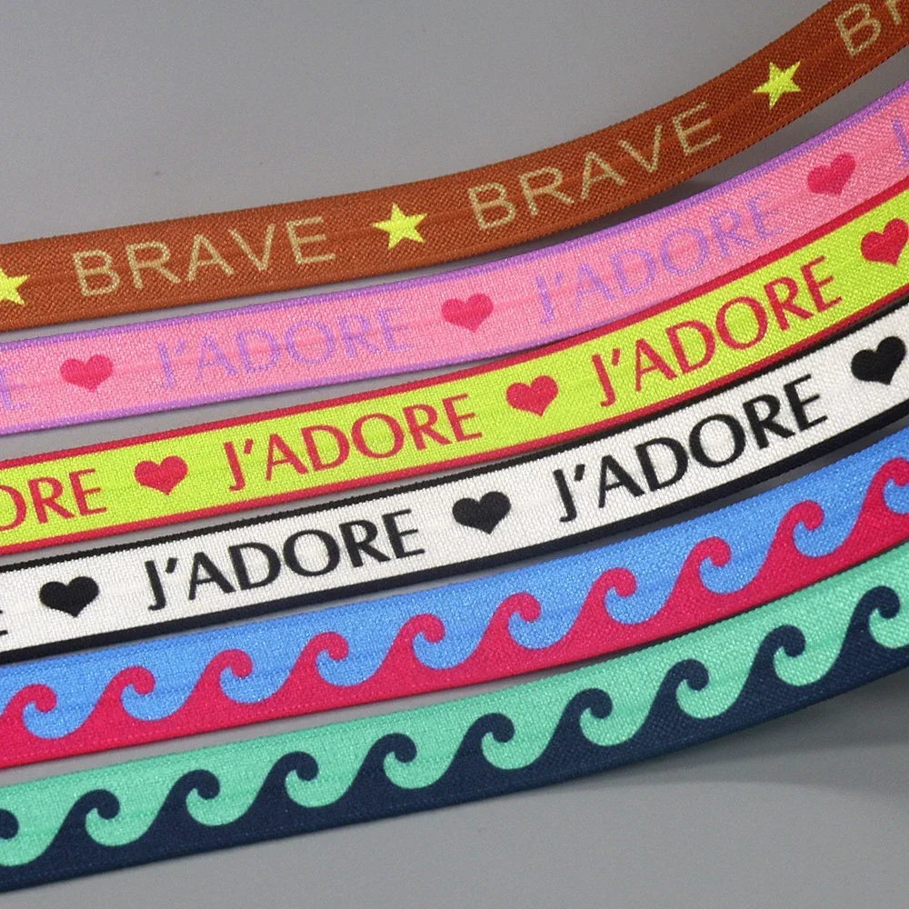 DHK 5/8'' 5yards J'adore Brave Wave Printed Fold Elastic FOE Stretch Ribbon Accessories Decorations Craft DIY Sewing C2593 ribbon decoration,ribbon supplies,sewing ribbon