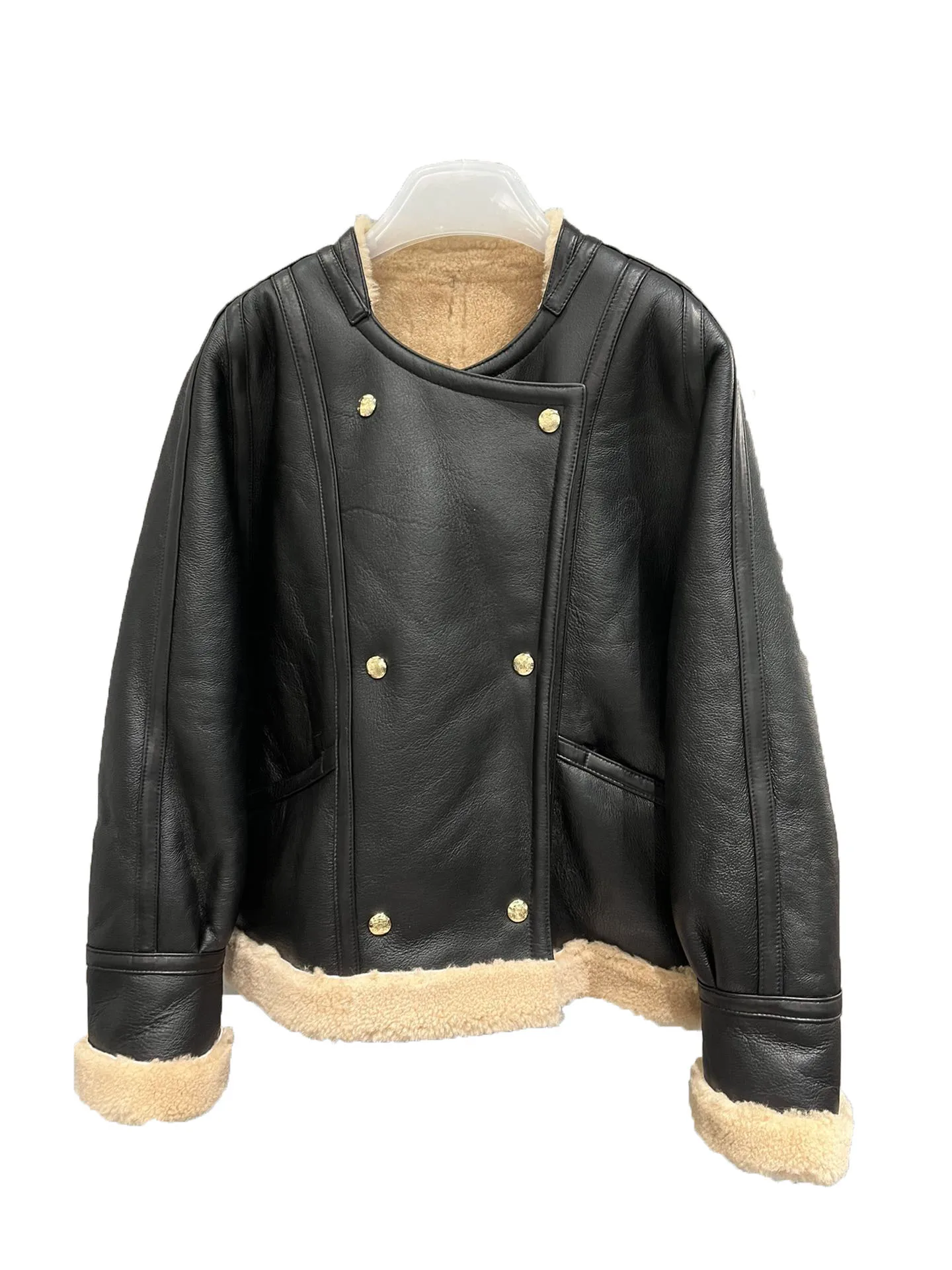 

Sheep fur one coat double-breasted design casual fashion 2024 fall new 1101