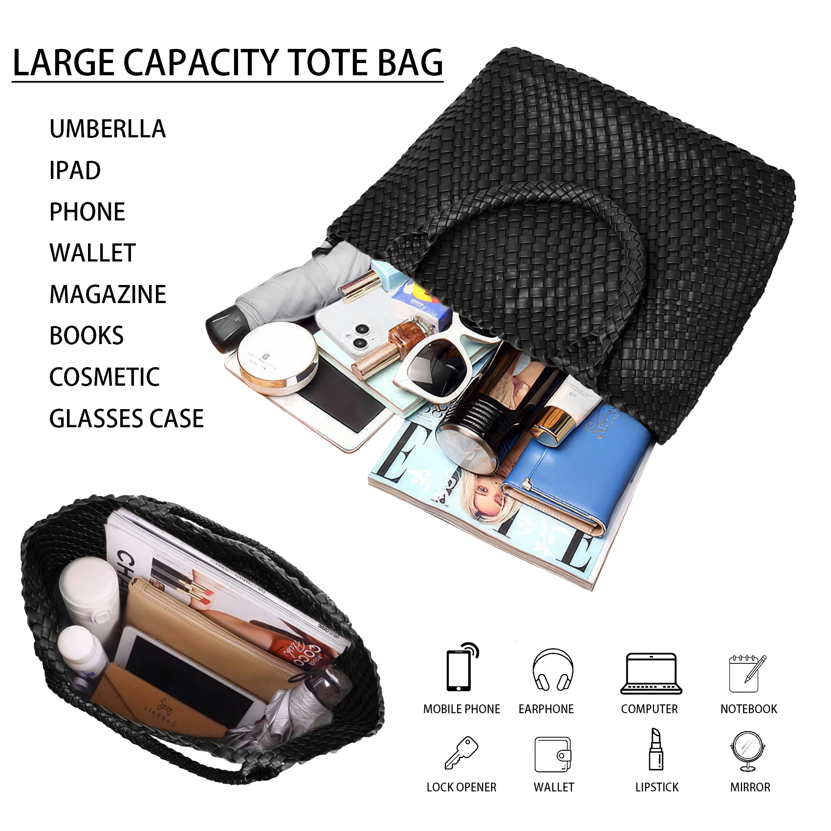 Woven Tote Bag Womens Purse Vegan Leather Shoulder Handbags - Fashion Summer Beach Tote Bags - Large Travel Totes - Image 5