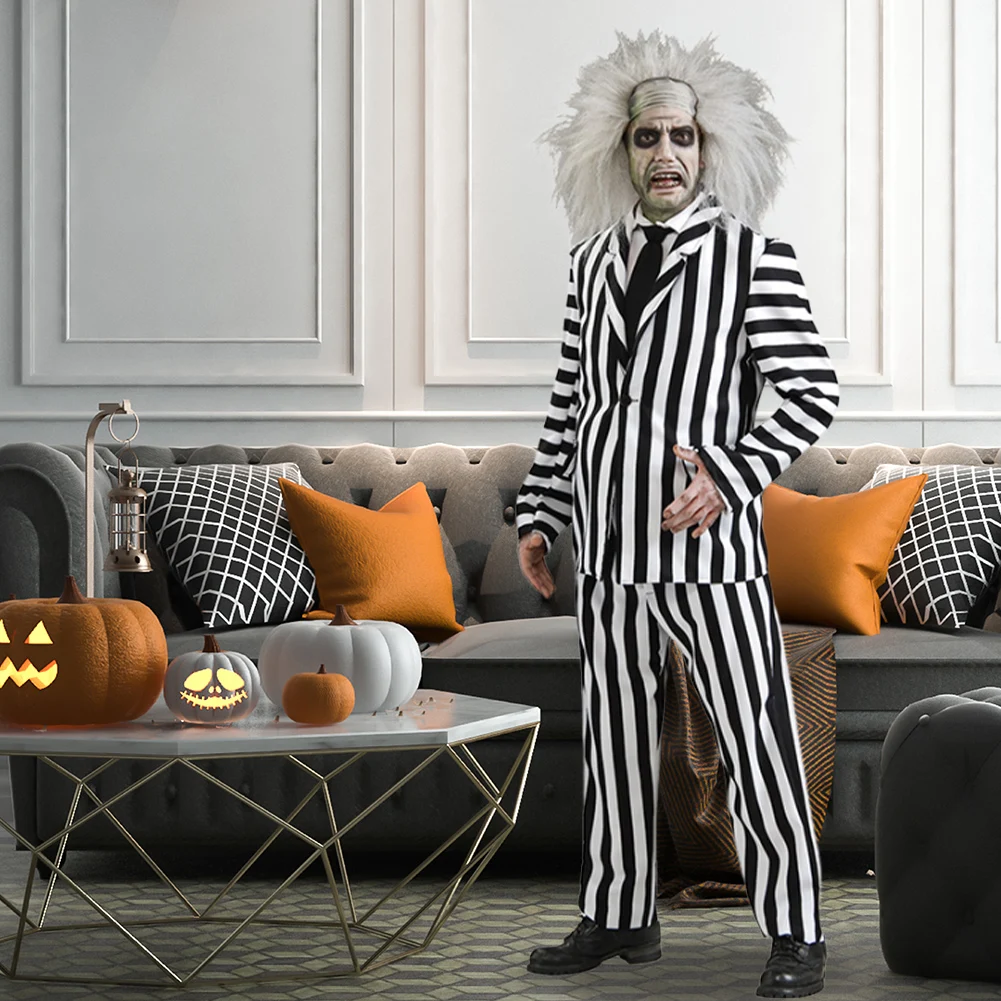 Spooky Halloween Performance Costumes Men Striped Suit with Tie Scary Halloween Infernal Master Cosplay Costume For Men Adult