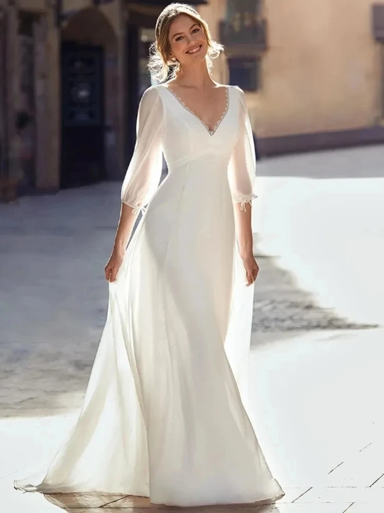 Glamorous Wedding Dresses Elegant Bridal Gowns Long Puff Sleeves Robes Chiffon Tiered Deep V-Neck Vestidos De Novia Customzied 4