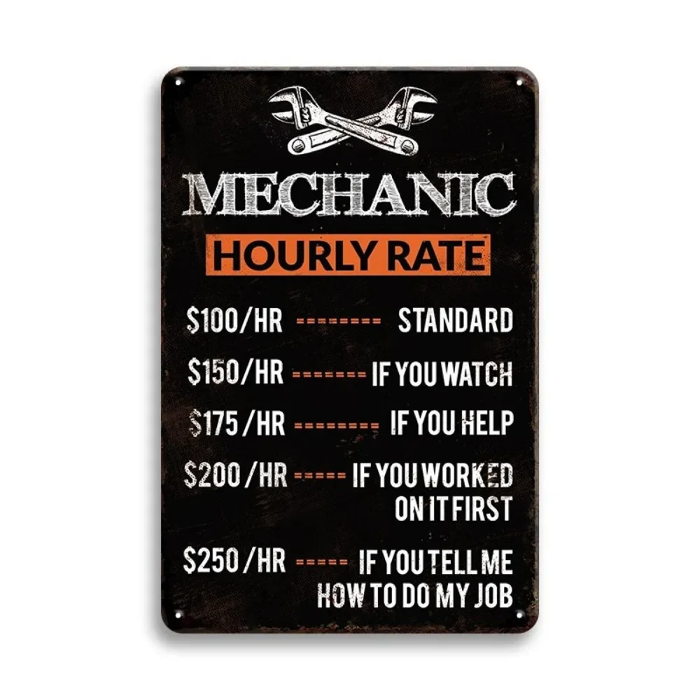 Retro Mechanic Hourly Rate Metal Sign - Wrench Tool Vintage Iron Wall Art for Garage/Workshop/Home/Bedroom, Hanging Decor 1