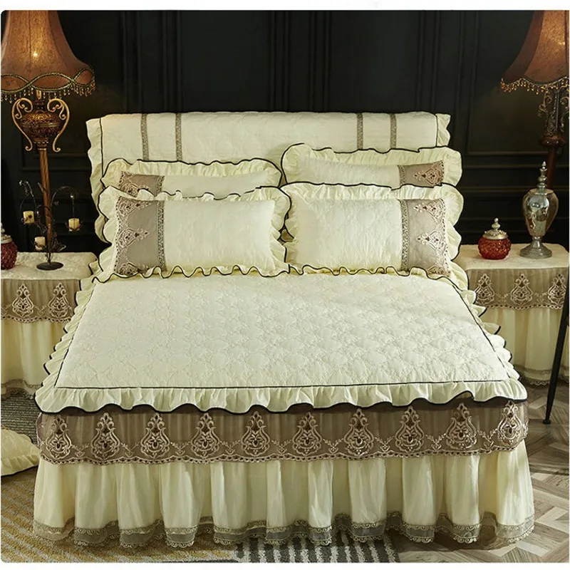 Korea Lace Embroidered Bed Skirt Pillowcases 1/3pcs Beige Warm Thick