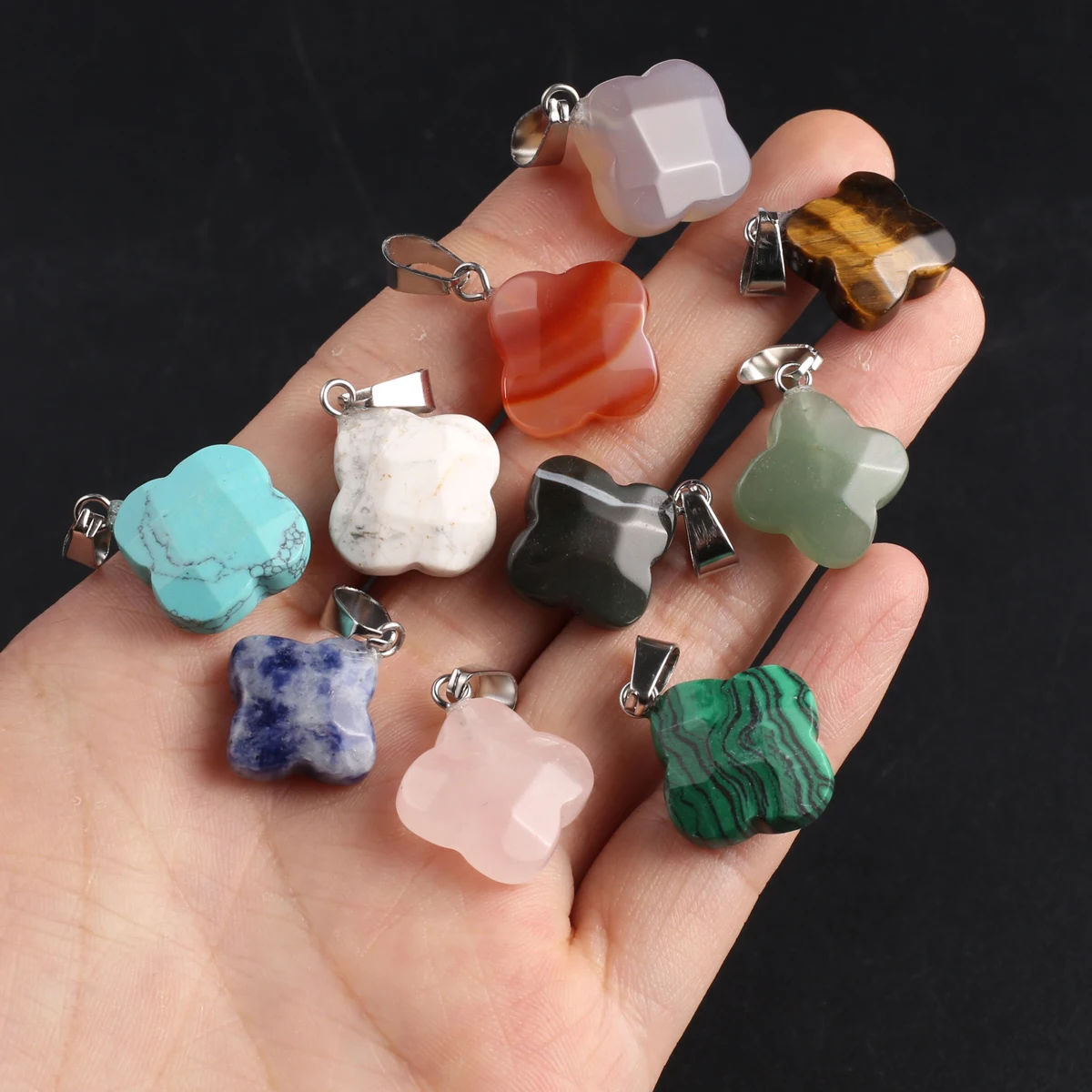 Wholesale Lucky Four-leaf Clover Shape Natural Stone Pendant Jewelry Making DIY Agate Malachite Necklace Earrings Accessories