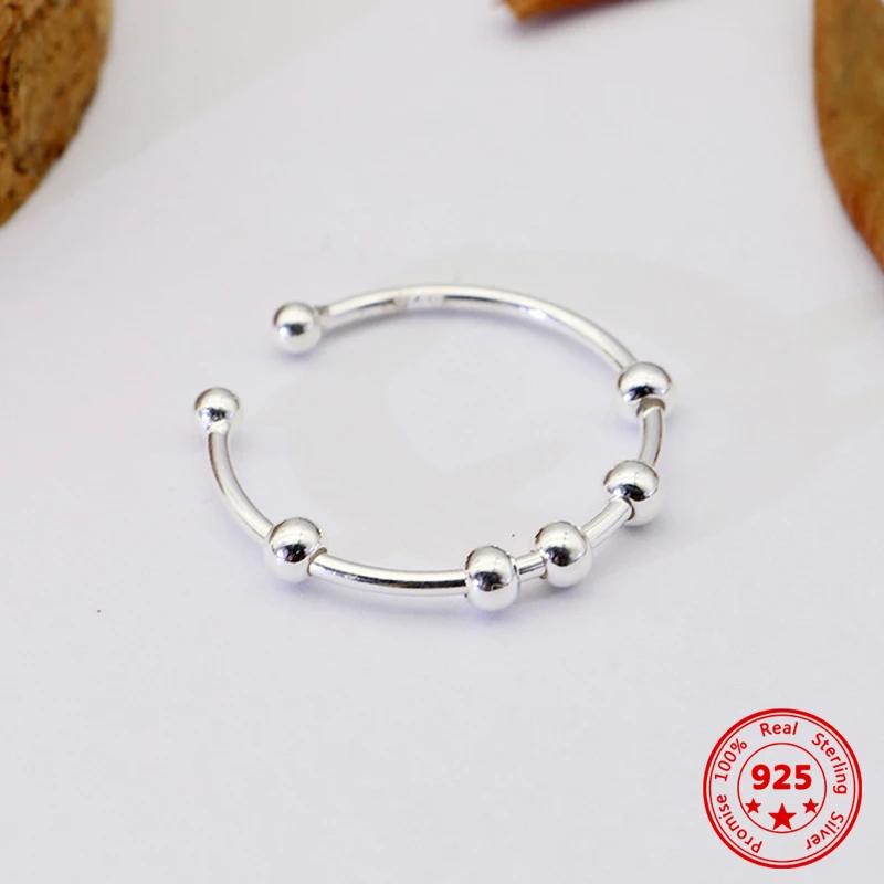 925 Sterling Silver Fidget Beads Adjustable Ring For Women Men Rotate Freely Anti Stress Anxiety Fashion Jewelry