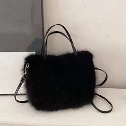 Luxurious Faux Fur Plush Tote Bag - Women's Winter Handbag and Crossbody Shoulder Bag (Black)