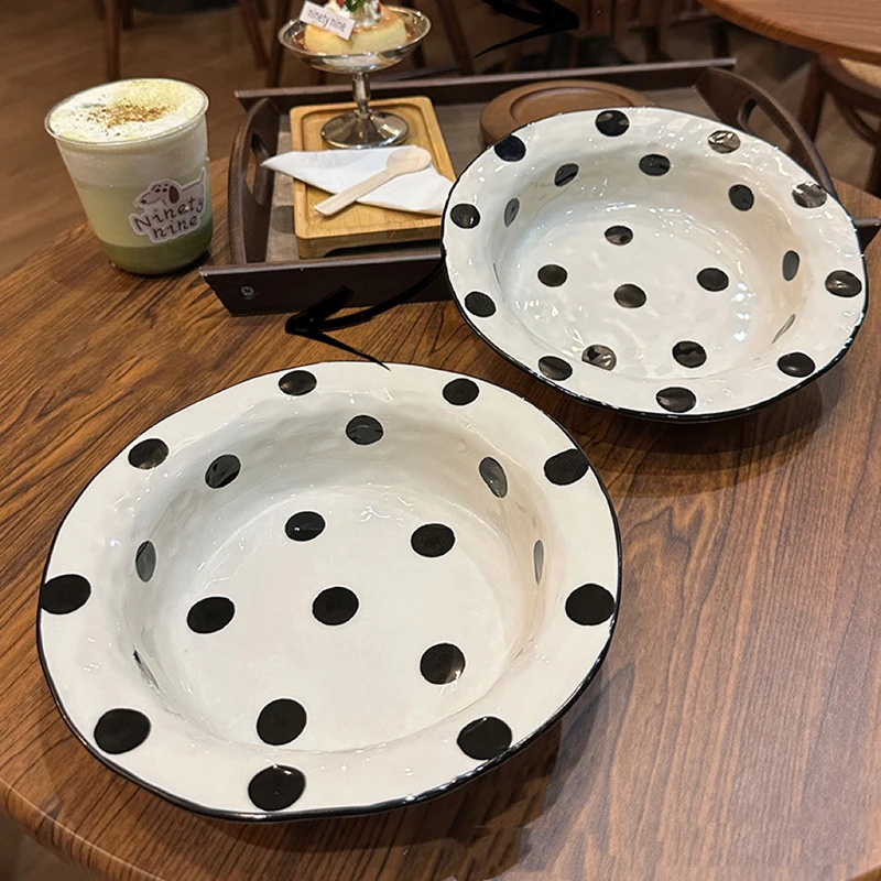Korean Irregular Ceramic Straw Hat Plate Household Polka Dot Salad Plate Western Spaghetti Creative Kitchen Tableware