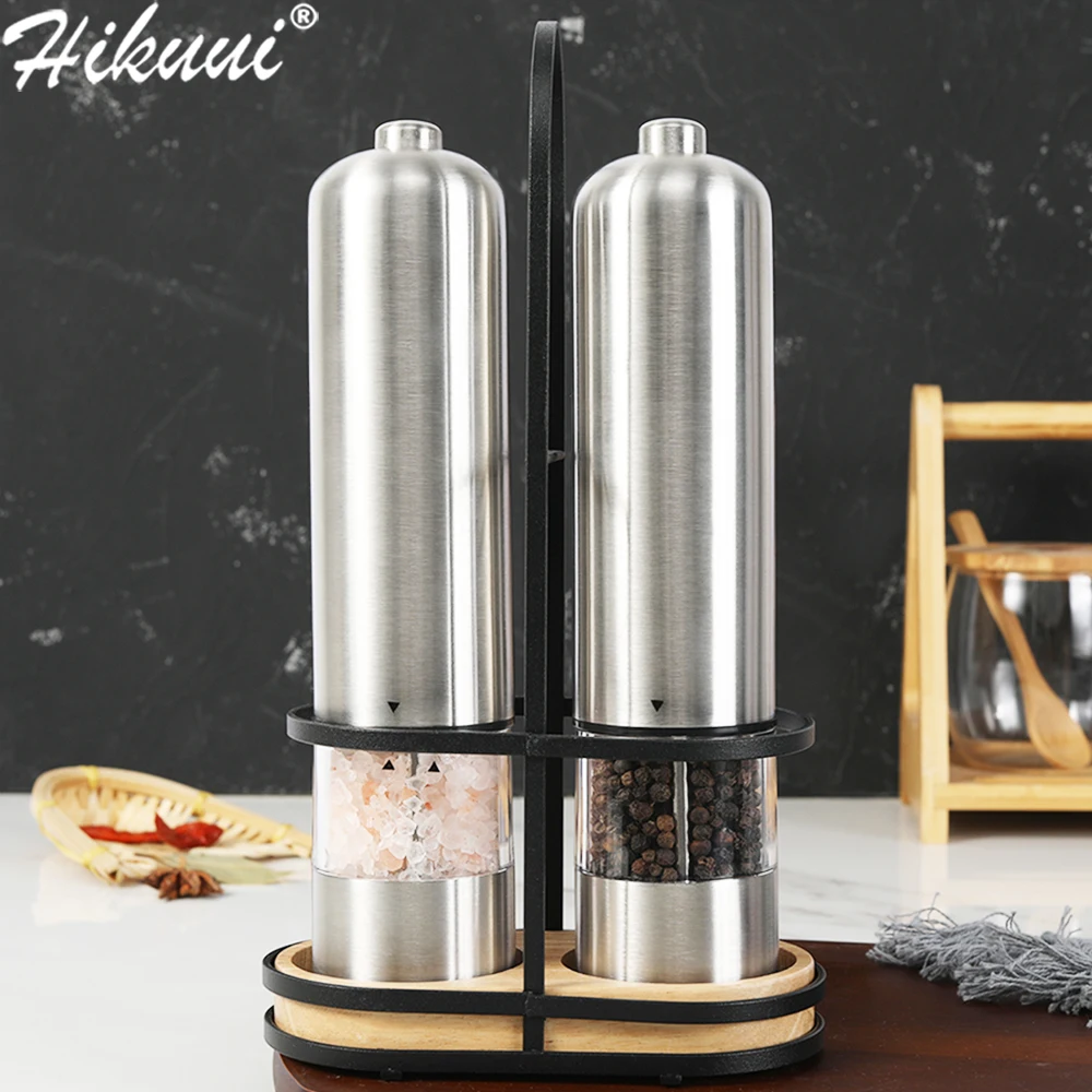 Electric Salt and Pepper Grinder Set with Stand and Tray| Battery Operated|  Stainless Steel Auto Pepper Mill Grinder Refillable| One Hand Operation