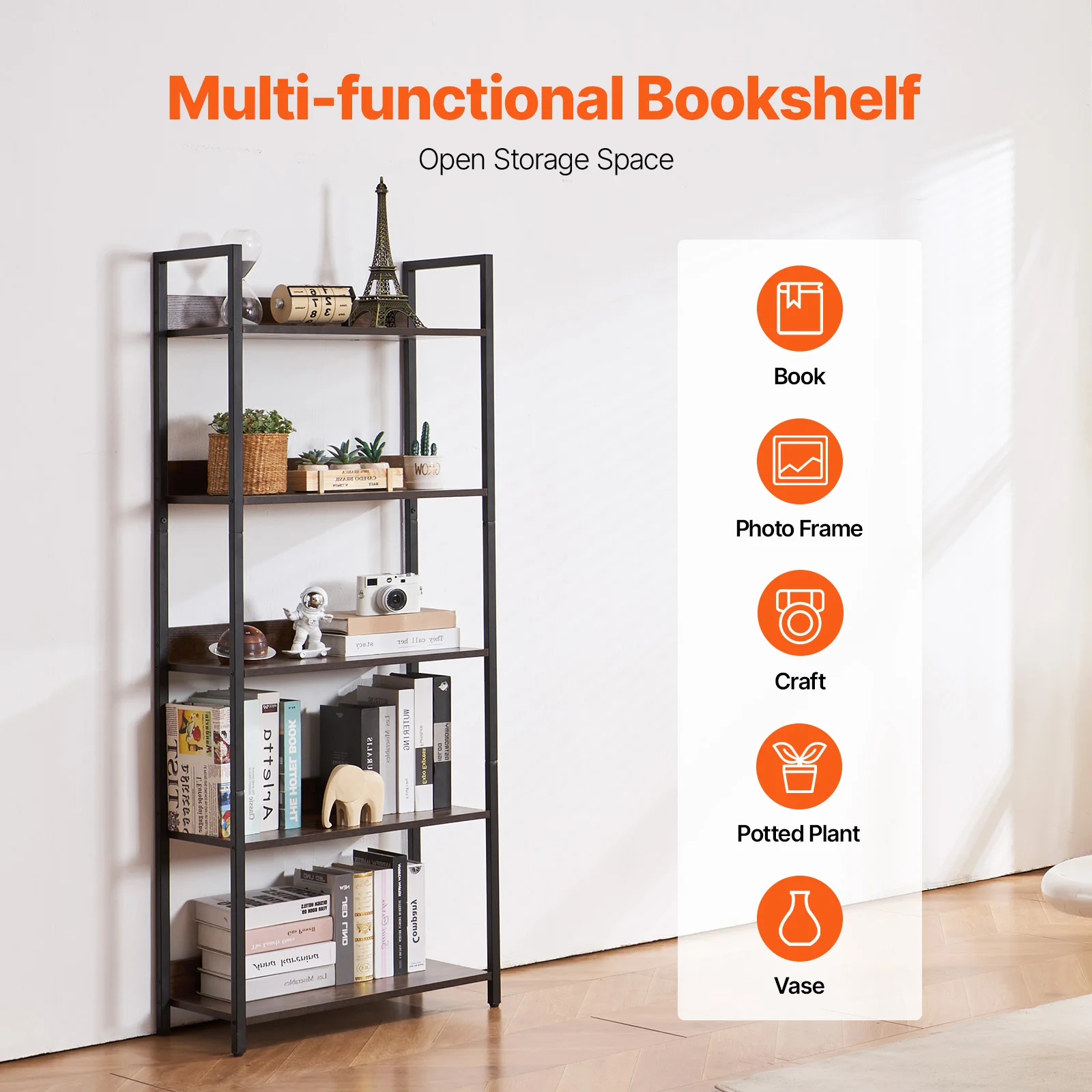 Metal Industrial Bookshelf with Open Shelves for Home Office