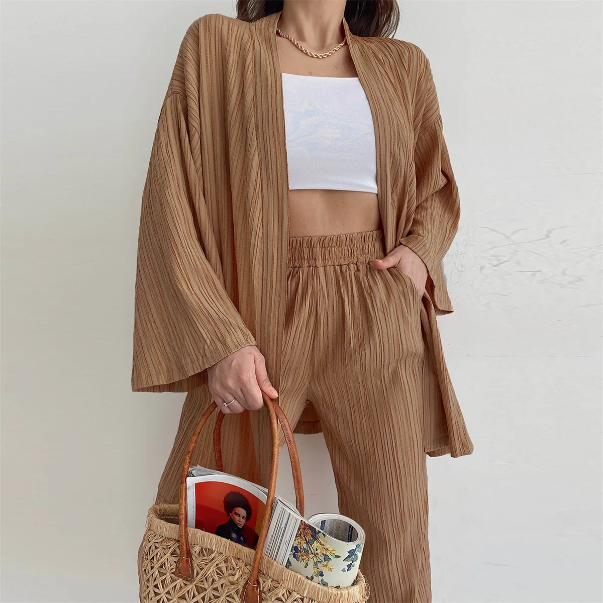 

Loose Women's Pajama Set Spring Summer Long Sleeve Ladies Sleepwear 2 Pcs Kimono and Pant Solid Homewear for Female 2023
