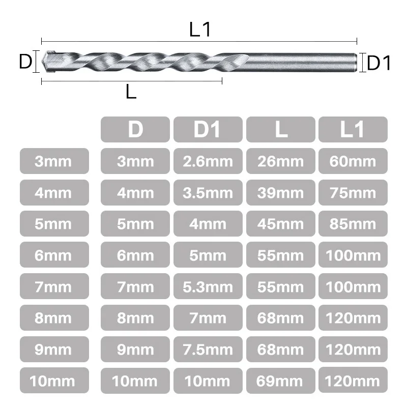 Wall Drill Bit Set 3/8PCS 3 5 6 8 10mm Masonry Drill Bit Carbide Tipped Gun for Brick Concrete Marble Tile Stone Drilling