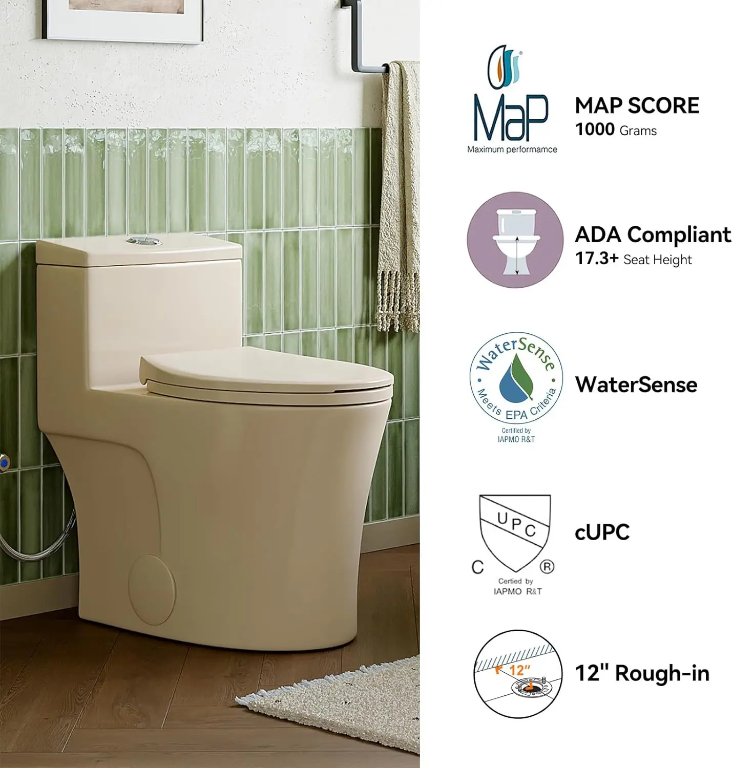 Elongated One Piece Toilet Bisque ADA Toilet 17.3" with Comfortable Chair Height Seat Modern Toilet for Bathroom 5