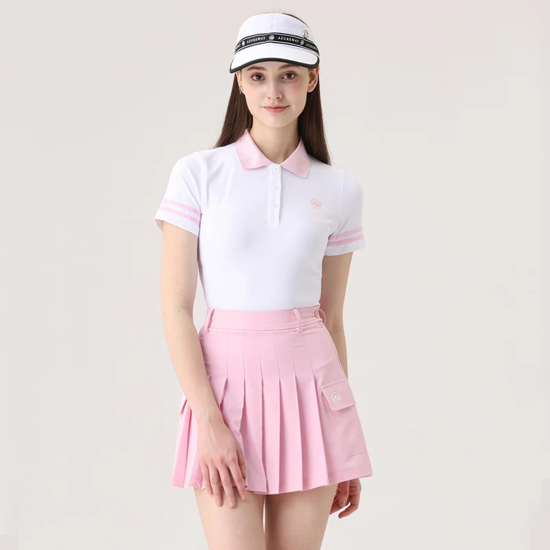Azurway Korean Golf Wear Women Summer Short Sleeve T-Shirt Polo Shirt Tops Sports High-waist Pleats Skirt Ladies Golf Set