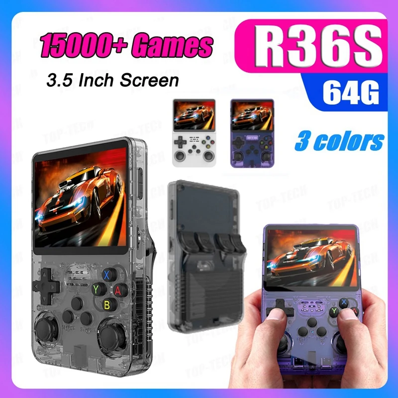 

Игровая консоль R36S в стиле ретро, 64 ГБ, 15000 + игр, операционная система Linux, 3,5 дюйма, IPS экран, портативный карманный игровой плеер для детей