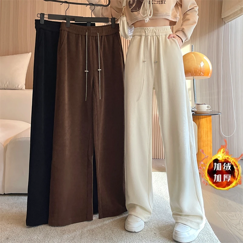 

Knitted Flared Pants for Women Casual Fashion Thickened Warm White Pants Cashmere Solid Loose Autumn/Winter New Woman Trousers