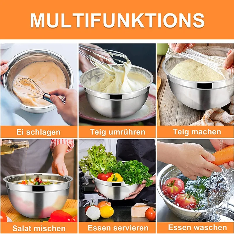 Hot 5 Pcs Mixing Bowl,Stainless Steel Stackable Salad Bowl with Airtight Lid,Serving Bowl for Kitchen Cooking Baking,Etc