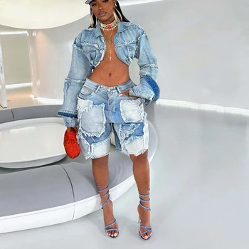 Shorts Pant Set Women Two Piece Sets Denim Turn Down Collar Matching Sets Tops Knee Length Pants High Waist Y2k Streetwear 1