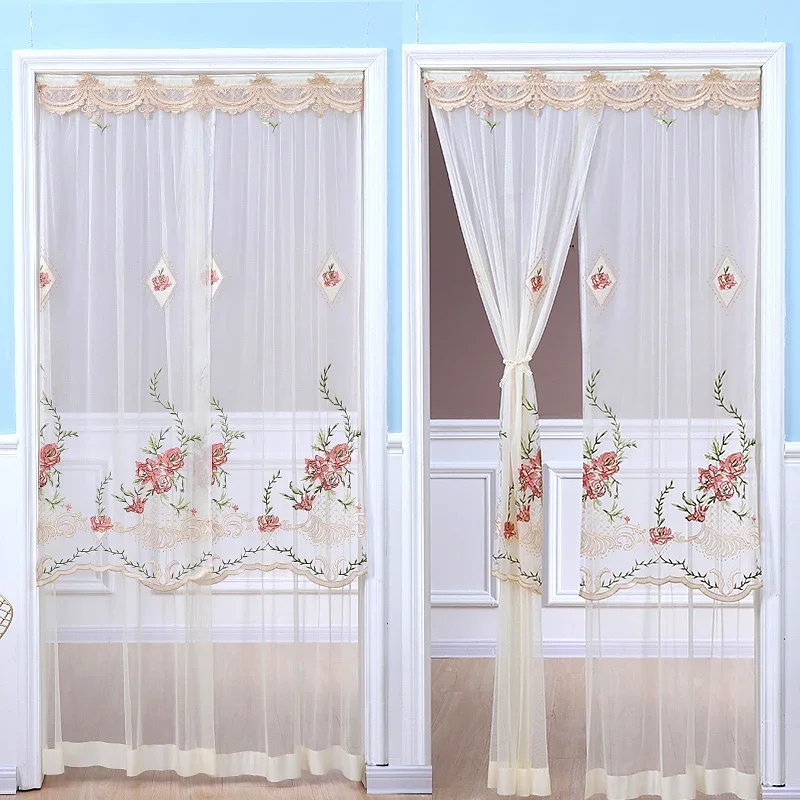 thumbnail image 1 of Cortinas de puerta bordadas con encaje de malla, sin perforaciones, de doble capa, transparentes, con borde ondulado, decorativas, de media cortina, 1 of 5