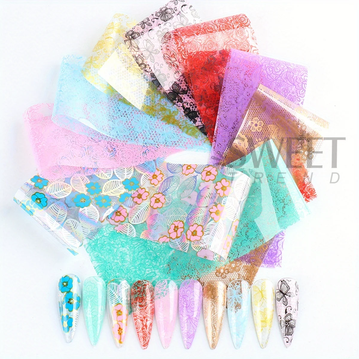 2 Pack Lace Flower Transfer Nail Art Foils Holographic Silvery Rose Geometry Leaf Image Simple Butterfly Decor Full Wraps Foils