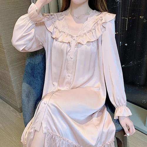 플러스 사이즈 3XL 여성 나이트 가운 프렌치 프릴 코트 스타일 나이트 드레스 잠옷 긴 소매 레이온 긴 잠옷, 섹시한 홈웨어 3