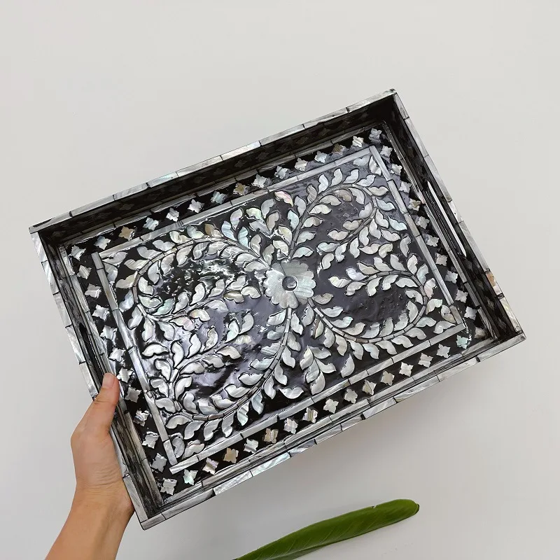 Creative Black Colorful Shell Tray Rectangular Mother-of-pearl Storage Tray Home Living Room Organizer Porch Decoration Ornament