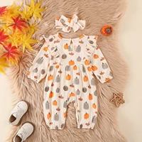 Citgeett Autumn Halloween Infant Baby Girl Romper Pumpkin Print Ruffled Long Sleeve Jumpsuit Bow Headband Clothes 2