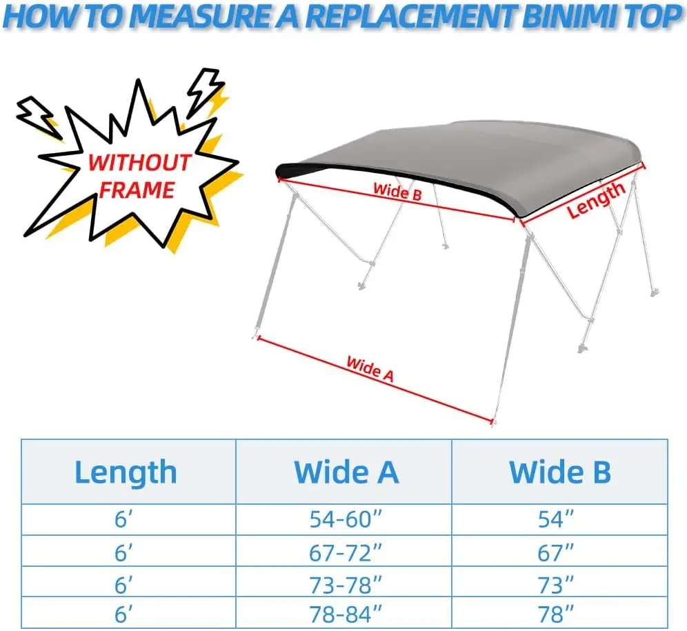 Bow Fade and Crack Resistant Sun Canopy, 600D Marine Grade Waterproof Easy to Install Zipper Sleeves Boat Grey 6'L 67"-72" W