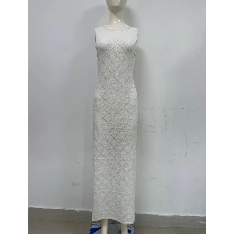 Vestido largo sexy sin mangas con aberturas para mujer, vestido de malla con abertura alta para playa y vacaciones, vestido de punto de retazos para otoño
