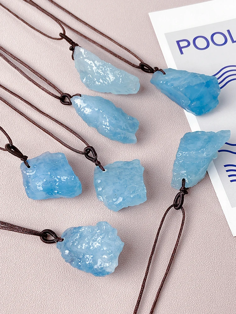 

Natural irregular aquamarine rough raw freeform original stone pendant ice blue necklace color crystal sweater chain jewelry