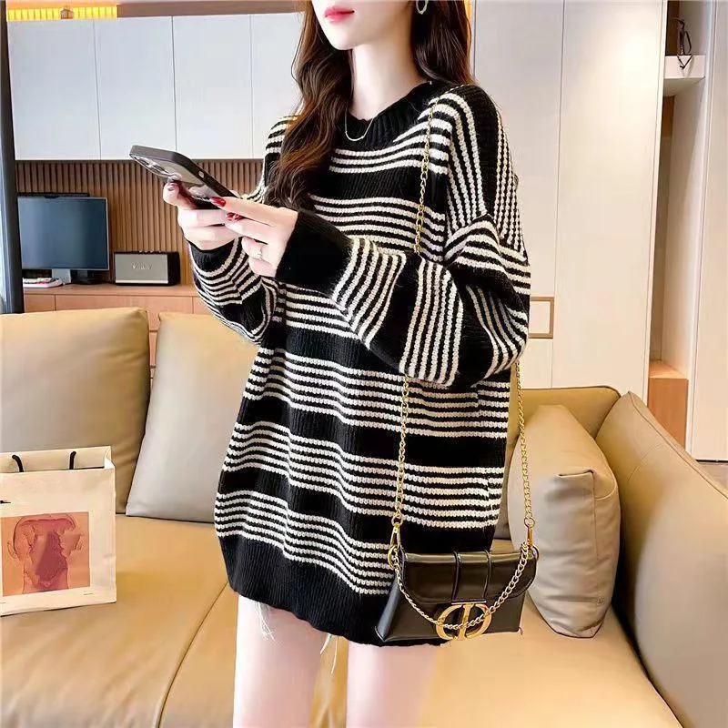 

Autumn new languid loose sweater women's outer, vintage Hong Kong striped knit, pullover top woman