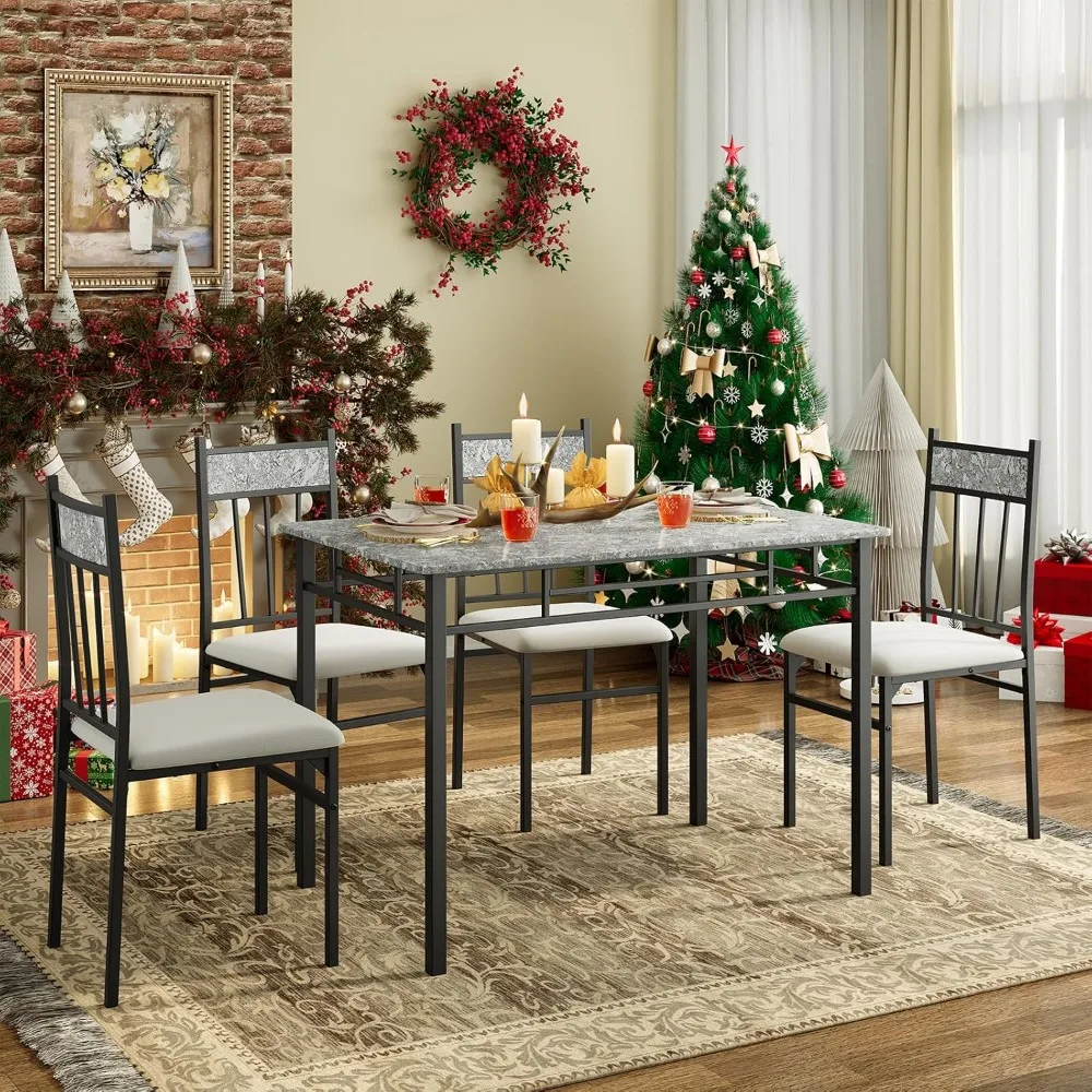 5 Piece Dining Table Set for 4, Faux Marble Kitchen Table and Chairs Set of 4, Vintage Rectangular Dining Room Table