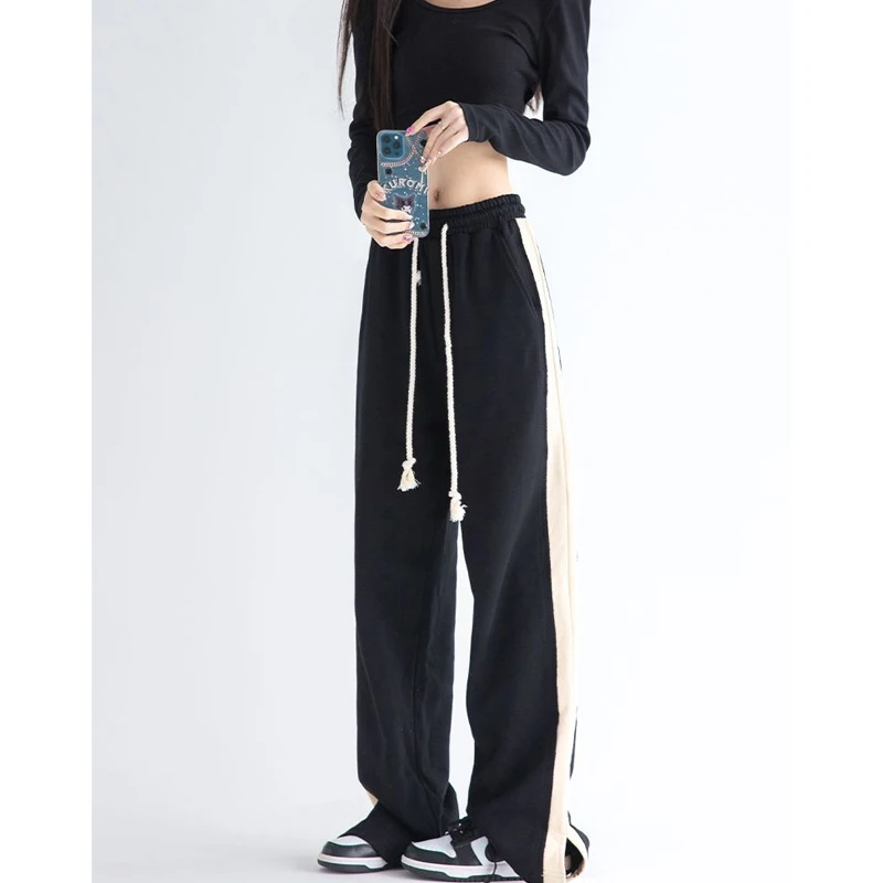 Spring Autumn New Striped Patchwork Straight Pants High Waist Drawstring Solid Loose Wide Leg Pants Trend Casual Women Clothing