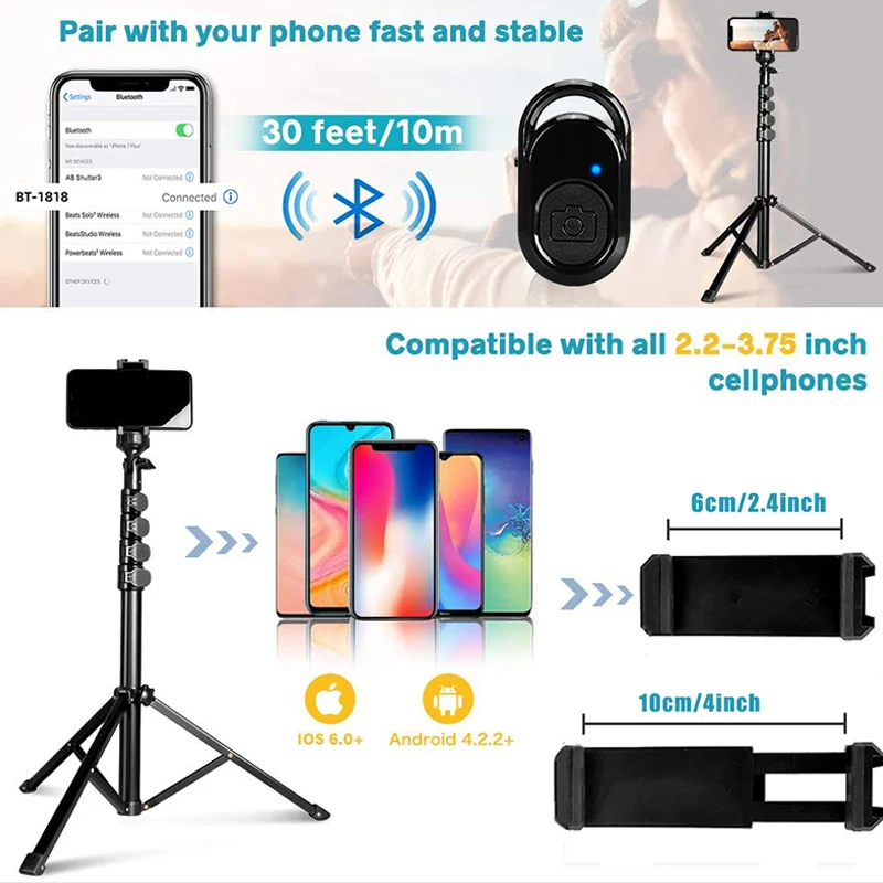 160cm Selfie Stick Mobile Phone Tripod Stand with Bluetooth 1/4 Screw for iPhone iPad Tablet Camera Vlog YouTube Live Tiktok