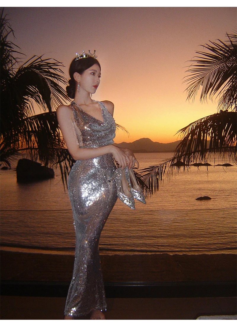 Sexy Bodycon Sequined Prom Robe V-neck Backless Sleeveless Evening Party Dress Wedding Slim Mermaid Long Dresses for Women New