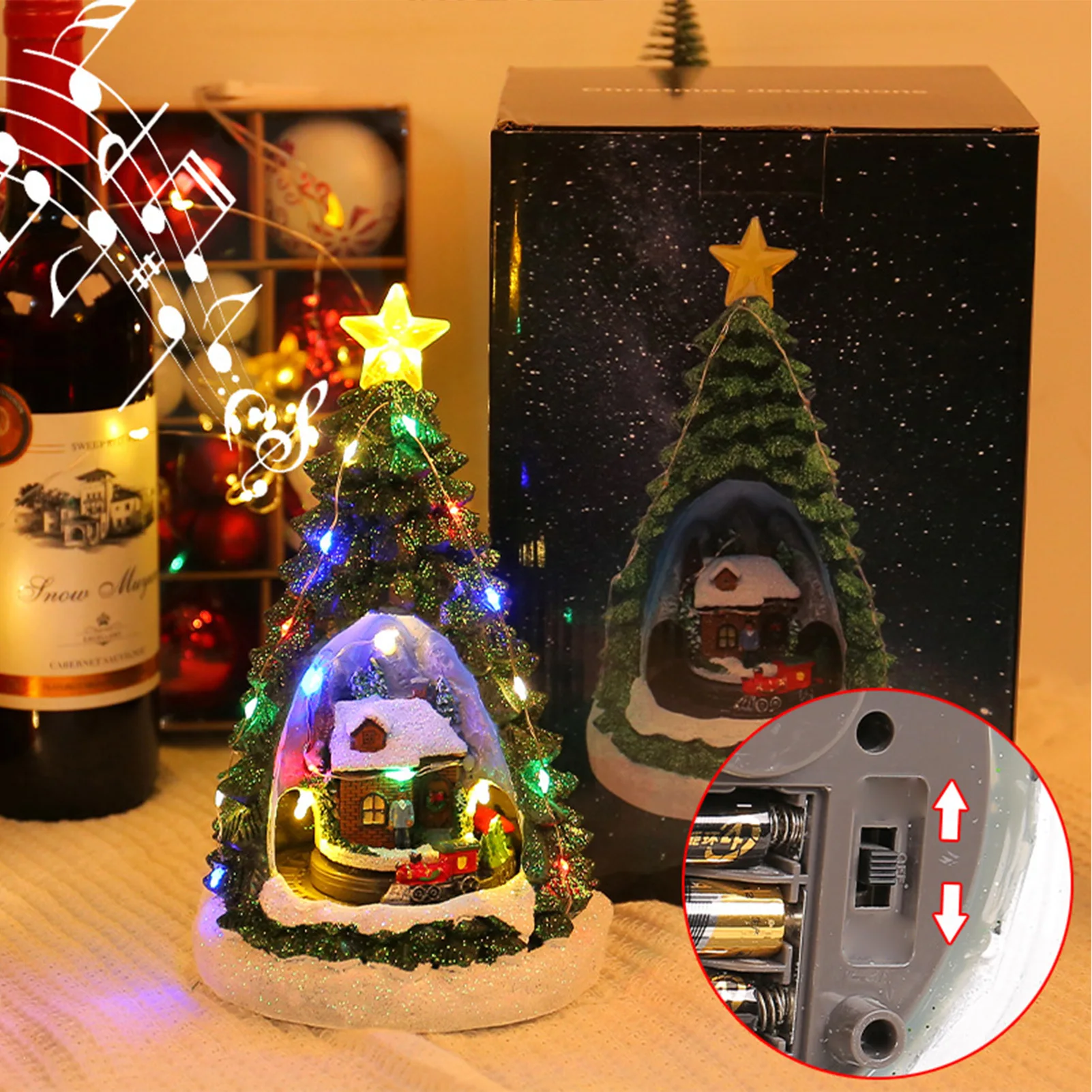 

Glowing Mini Christmas Tree Shape Music Box Luminous Night Light Rotating Train Music Box Resin Craft Home Ornaments