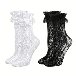 Breathable Women's Ruffled Lace Ankle Socks with Bow Accents - 2 - Pack (White & Black) - One Size (White and black)