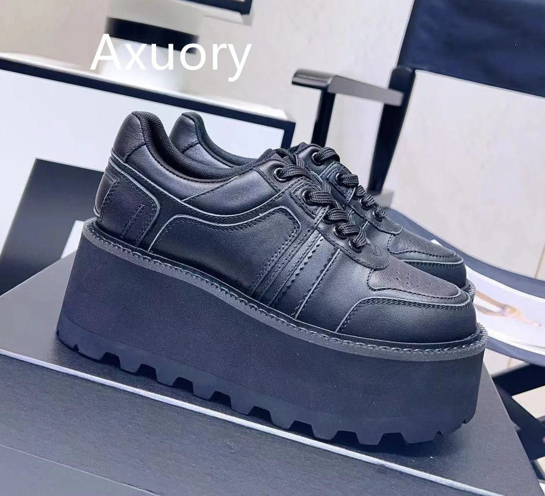 2023 Autumn Women's Thick heeled sneakers Mixed Color Lace-up Genuine Leather High Quality Lovely Style