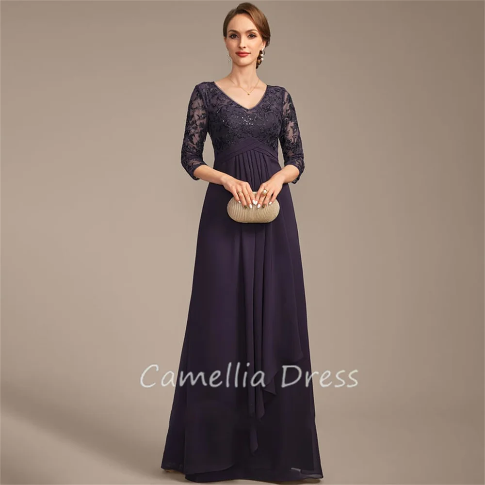 

New V Neck Mother Of The Bride Dress A Line Floor-Length Chiffon Lace Sequins Formal Dresses Vestidos Mae Da Noiva Casamentos