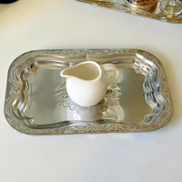 French Vintage Tray Metal Floral Emboss Dish Jewelry Display Storage Wedding Birthday Party Dinner Table Fruit Cake Plate Decor 2