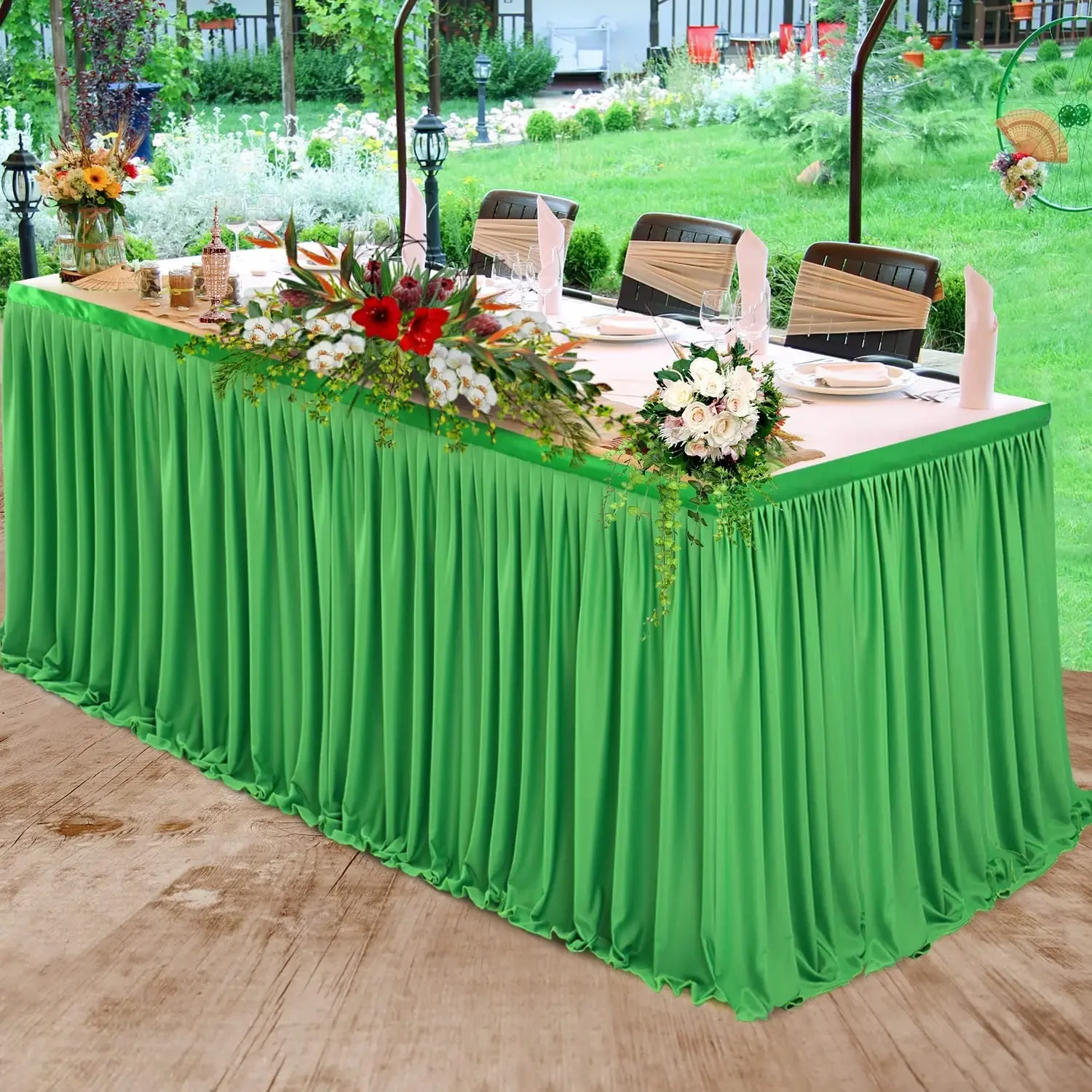 Description Picture 6 of item6FT/9FT Polyester Pleated Table Skirt,Green/Pink Ruffle Dining Tablecloth For Wedding Banquet Birthday Party Table Decorations