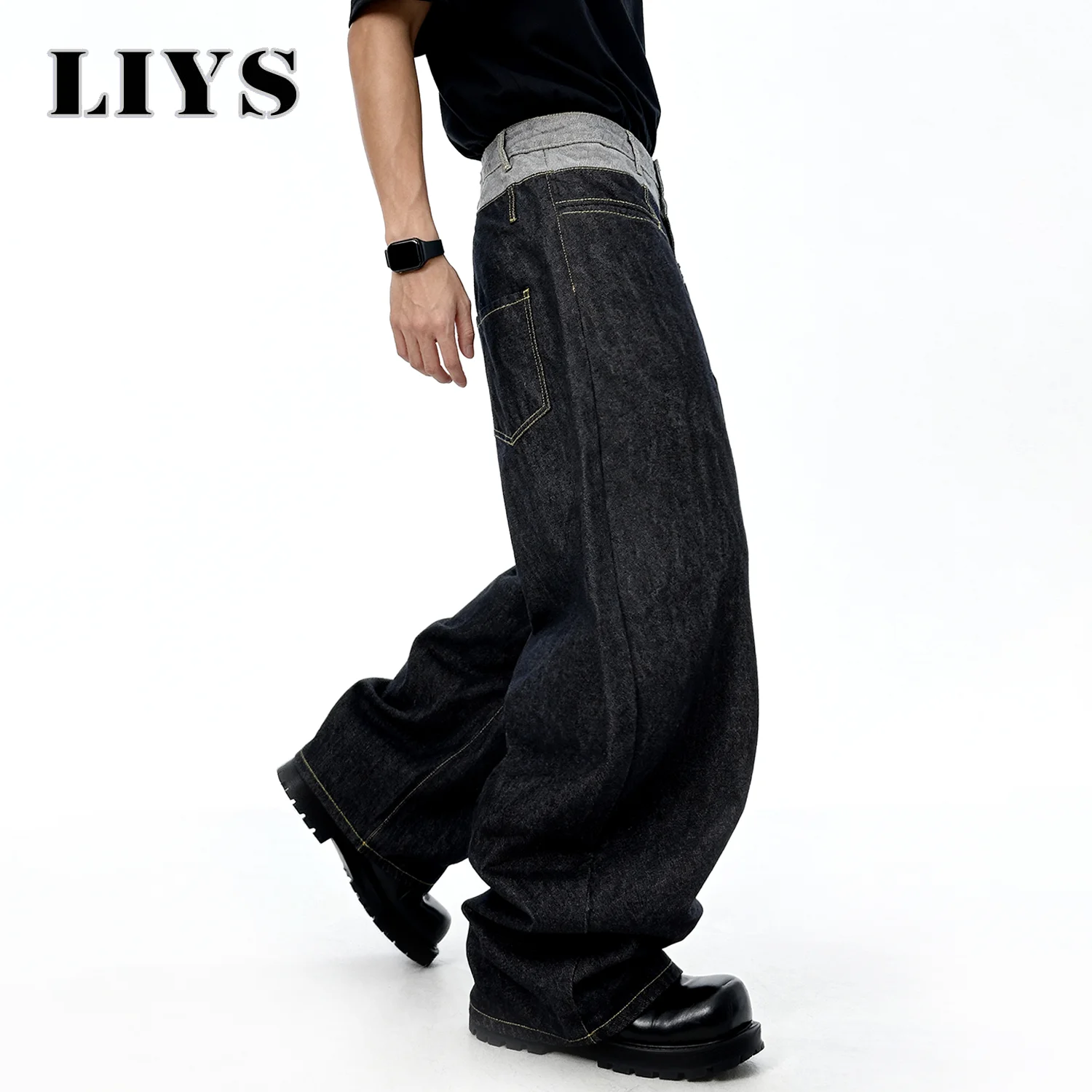 الرجال الرجعية مزدوجة الخصر تصميم فضفاض واسعة الساق الجينز الشارع تصميم الدنيم السراويل القوطية فضفاض المنجل واسعة الساق جان للرجال و النساء الملابس
