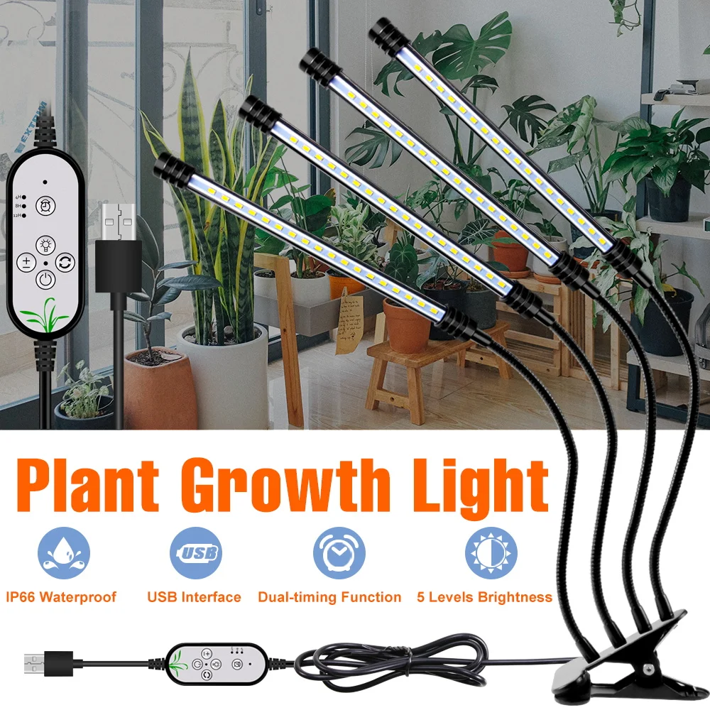 Led Grow Light 4Head Plant Lamp Spettro Completo Usb Plant Grow Bulb Hydroponic Phyto Serra Tenda Indoor Flower Growth Lighting