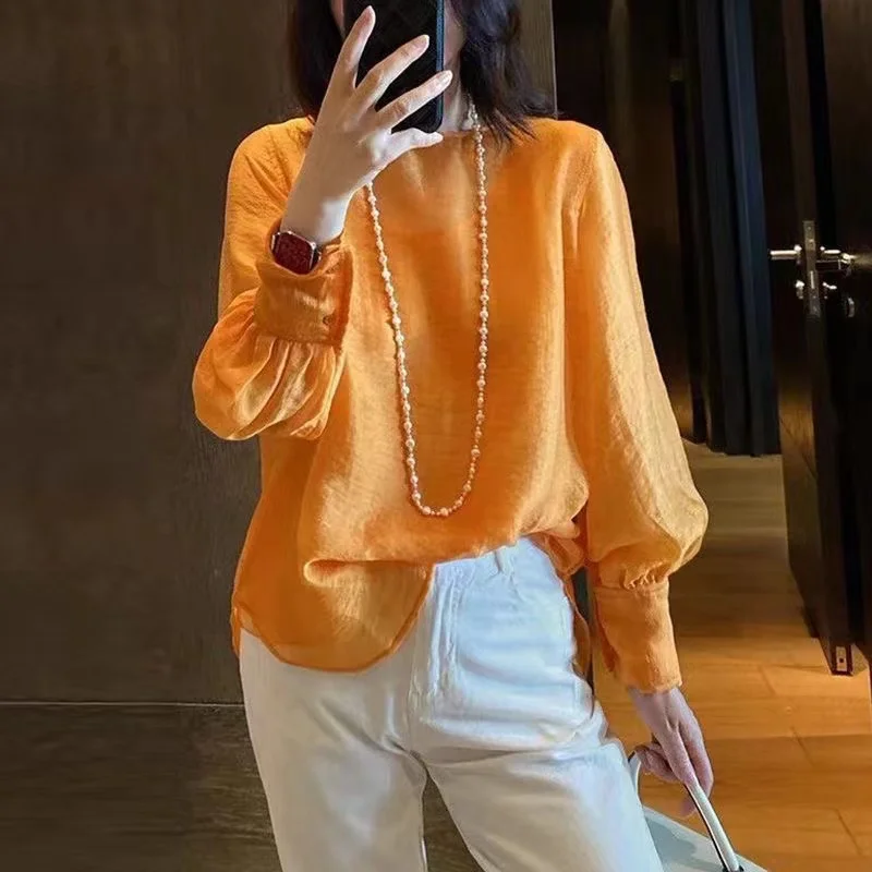 Limiguyue Summer Fashion Orange Chiffon Women Tops Versatile Round