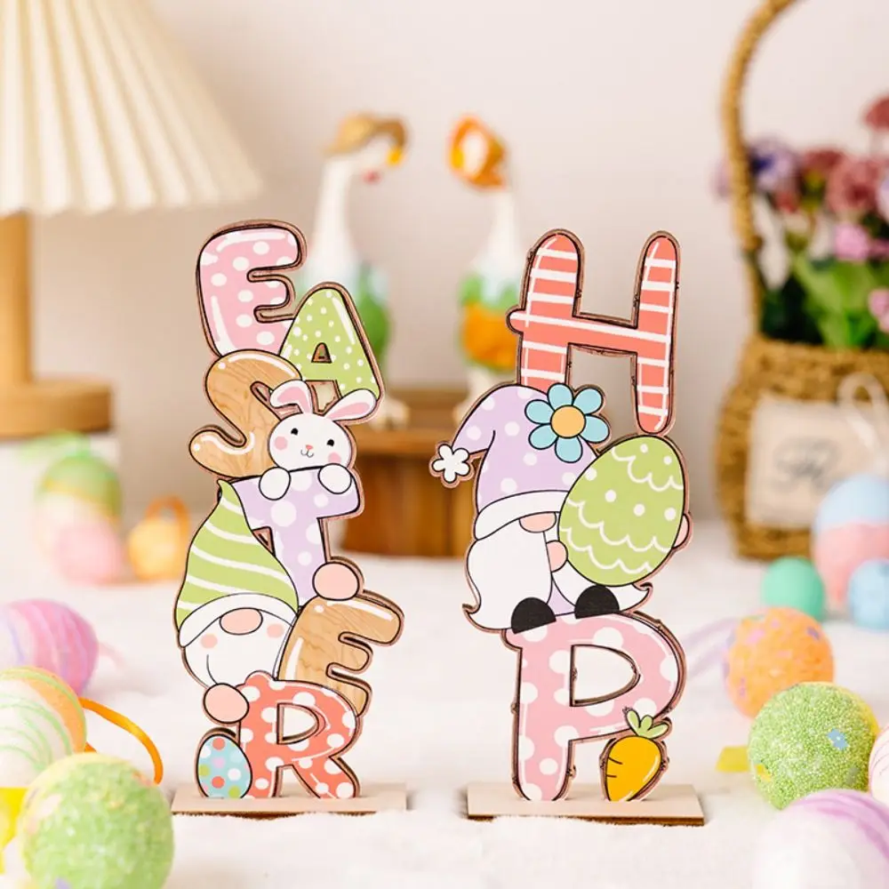 

Thickened Easter Wooden Letter Ornaments Cute Rabbit Eggs Dwarf Easter Bunny Decorations Standing Wooden