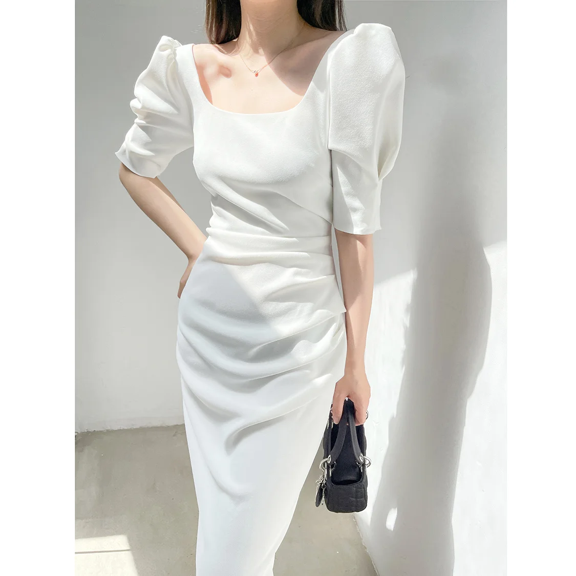 

Ins White Square Neck Dress Summer 2023 New Slim French Bubble Sleeve Fairy First Love Dress