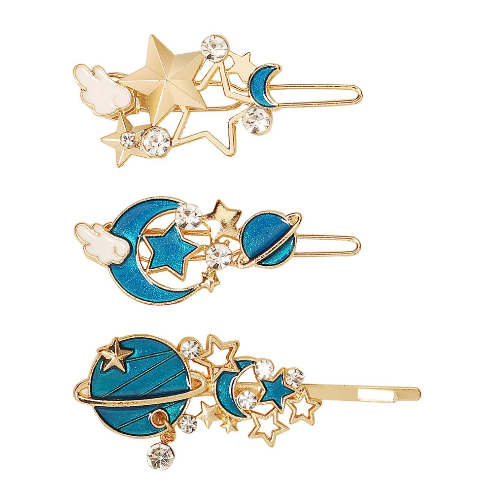

3 Pcs Hair Clip Side Hairpins Rhinestone Hollow Moon Star Clips Gold Ornament Back of Head Simple Women's
