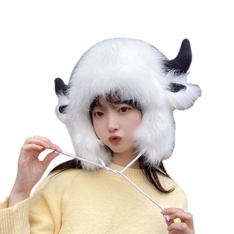 

Faux Fleece Plush Earmuffs Hat Antlers Horns Outdoor Earflap Trapper Cap