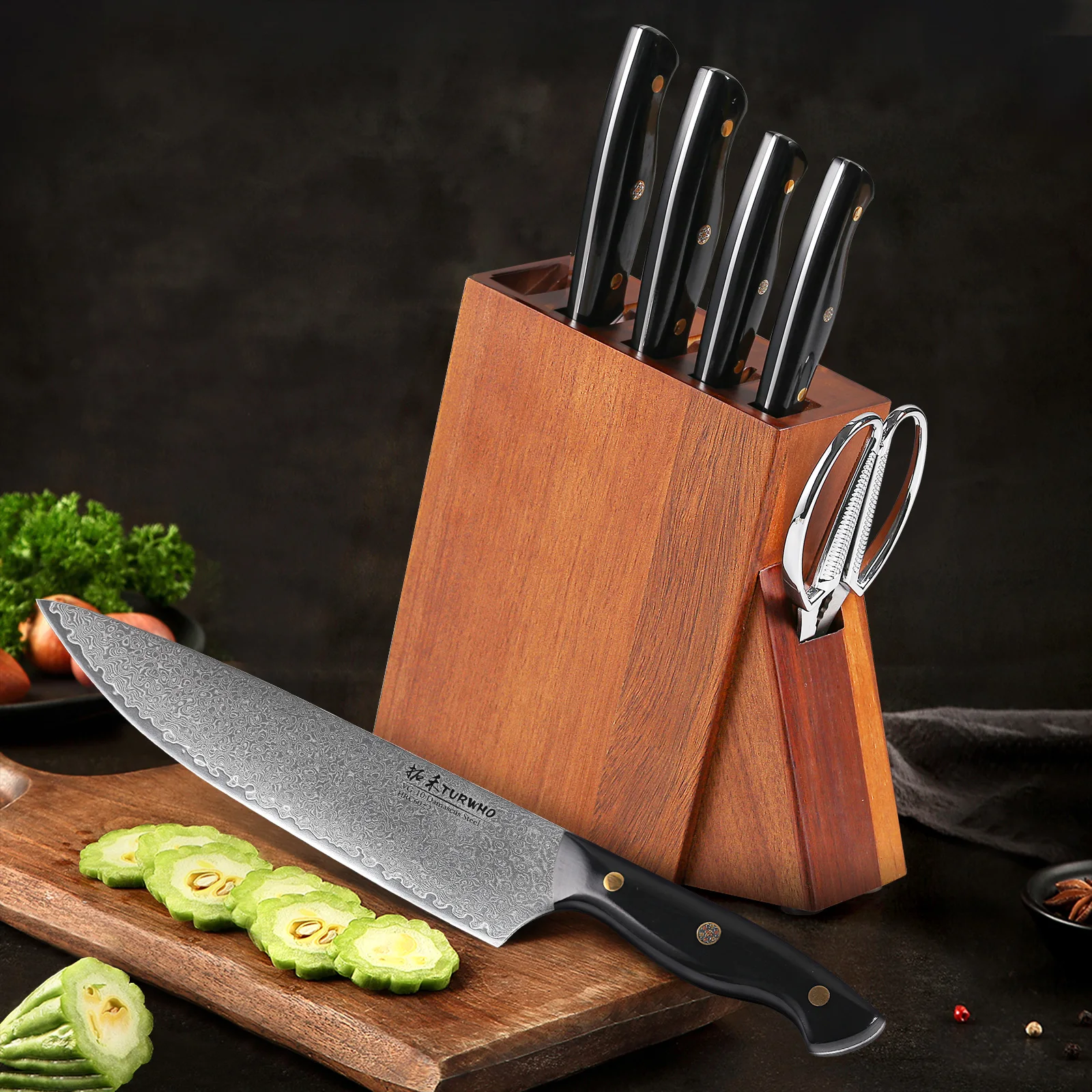 TURWHO 7PCS Kitchen Knives Set Japanese Damascus Steel Kitchen Santoku  Bread Boning Utility Paring Chef Knife with Knife Block