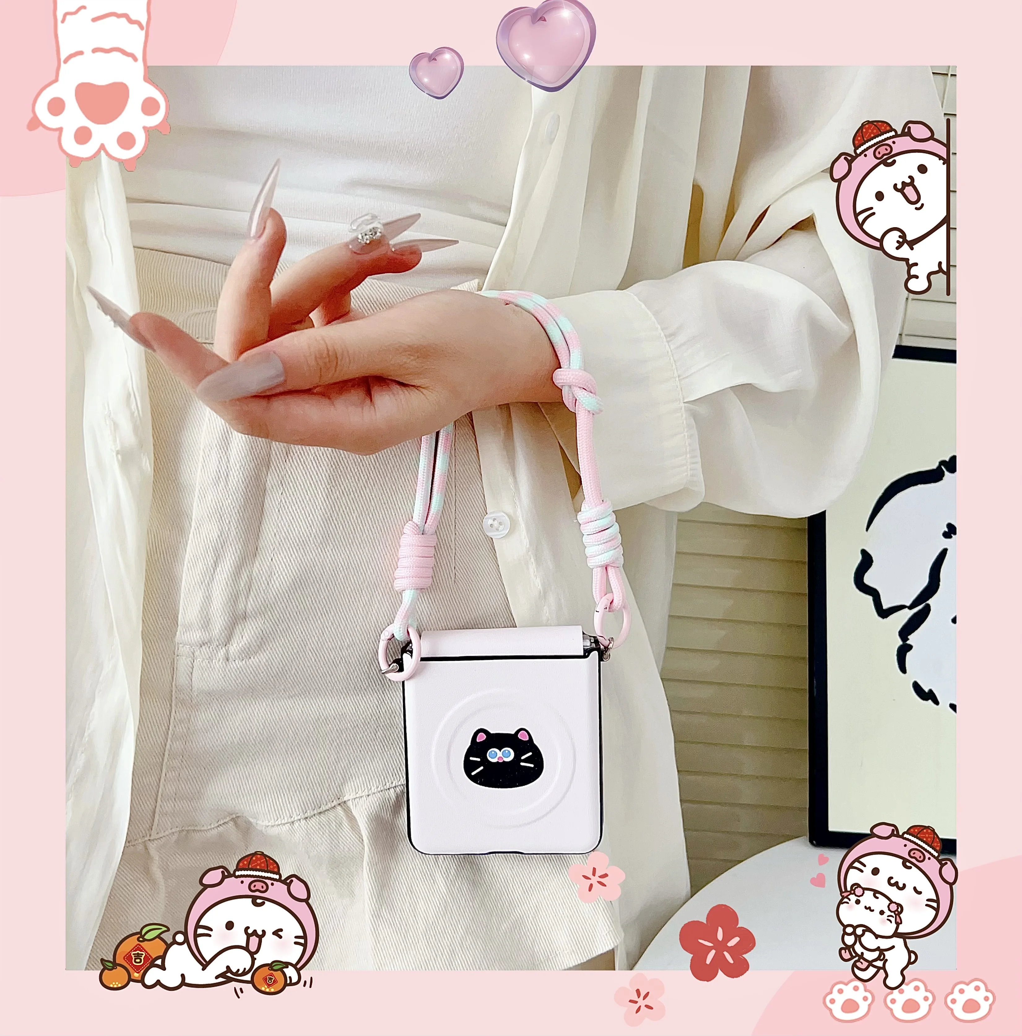 Magnetic Bracket Leather Cartoon Phone Case with Protective Lanyard Cover