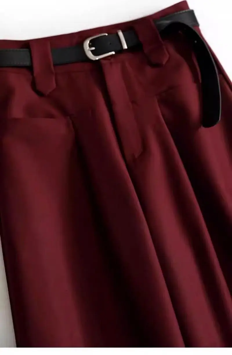 Wine Red Solid Office Lady High Waist Sashes Loose Straight Women's Pants Ankle-Length Trousers Pants For Women Clothing 2024